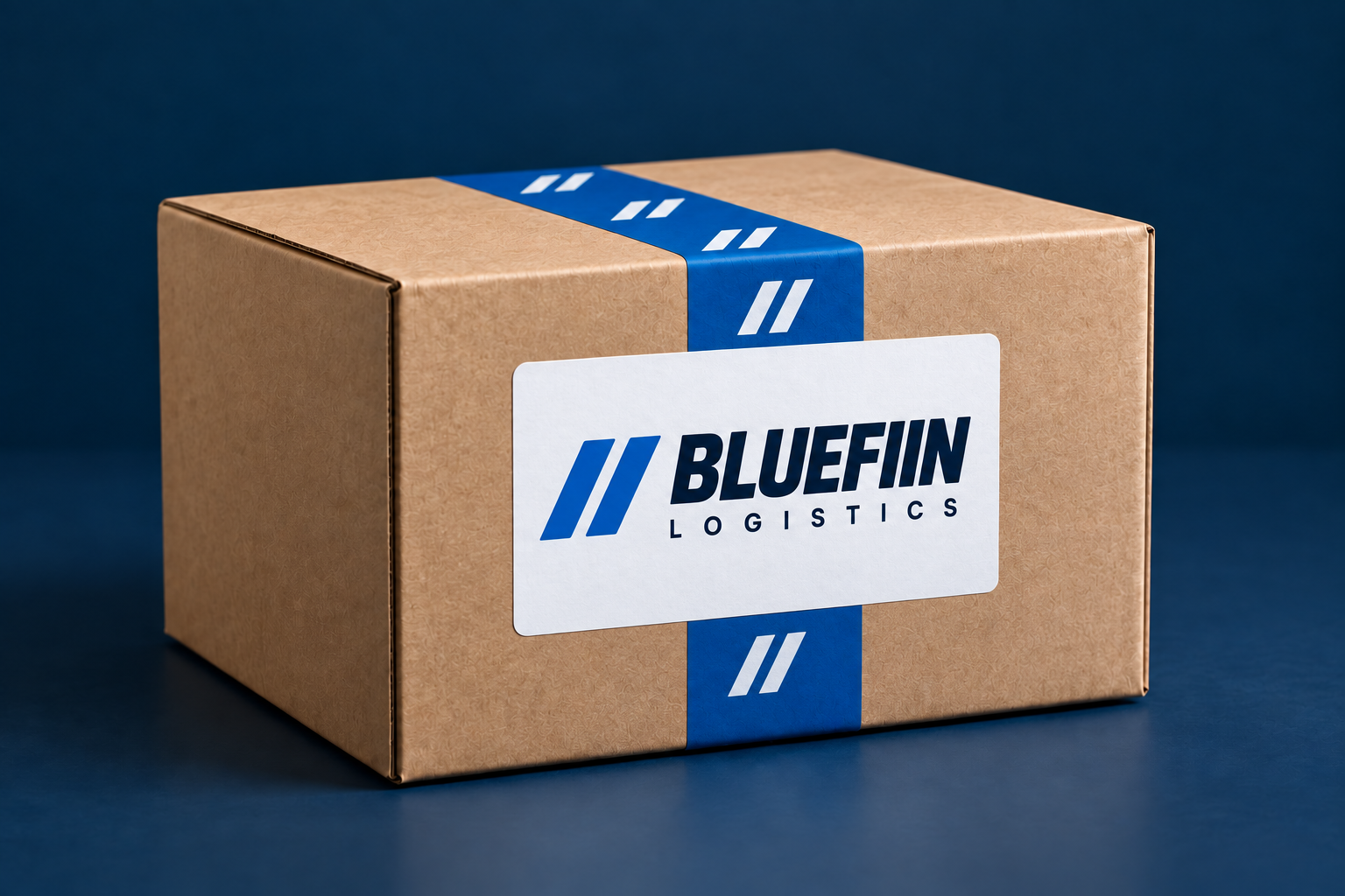 Bluefiin Logistics parcel with a forward-motion wordmark and blue packaging tape